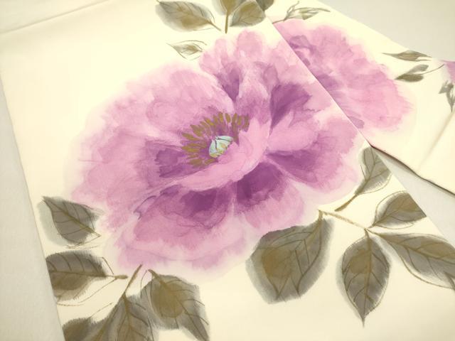 平和屋着物●塩瀬　九寸名古屋帯　手描き　牡丹　金彩　正絹　逸品　DABE1291op