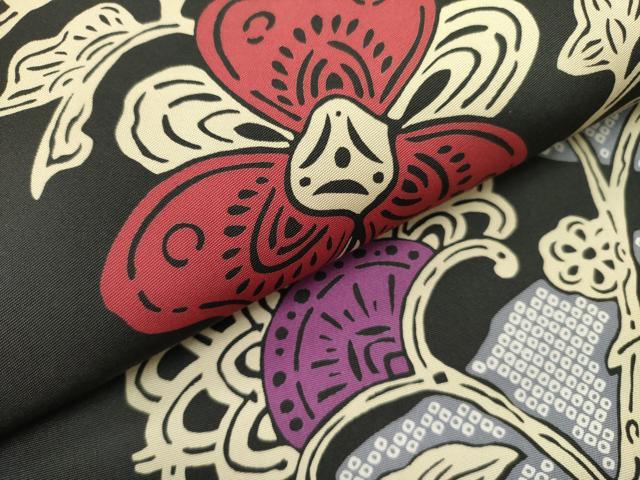 平和屋着物●塩瀬　九寸名古屋帯　型染　更紗花文　黒地　正絹　逸品　DABE1293op