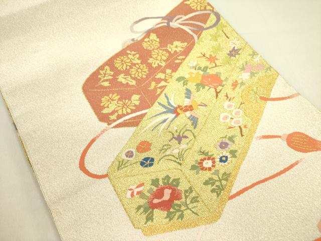 平和屋着物●爪掻き本綴れ　八寸名古屋帯　鳳凰花文箱　金糸　正絹　逸品　DABE1303op