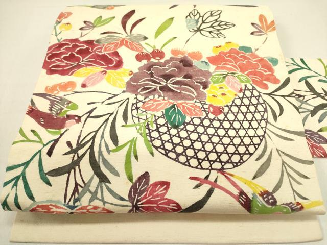 平和屋着物●九寸名古屋帯　紬地　型染　花籠文　正絹　逸品　DABE1304op