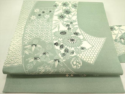 平和屋着物●九寸名古屋帯　型染　短冊花文　草木染　鬼しぼ縮緬　逸品　DABE1305op