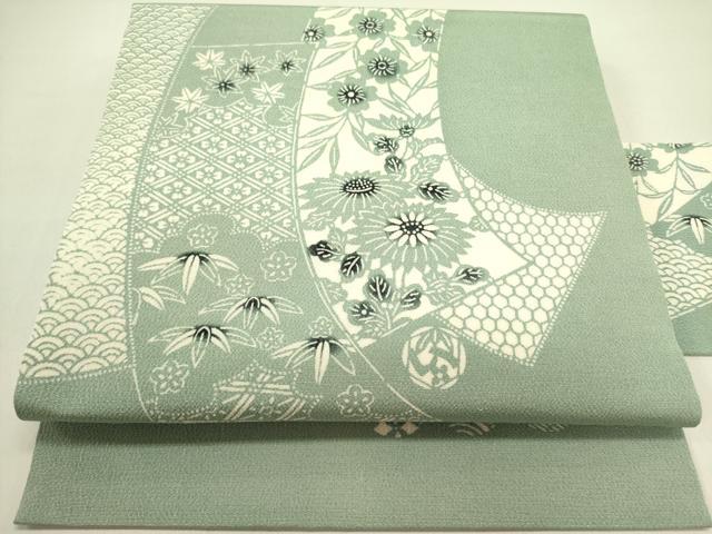平和屋着物●九寸名古屋帯　型染　短冊花文　草木染　鬼しぼ縮緬　逸品　DABE1305op
