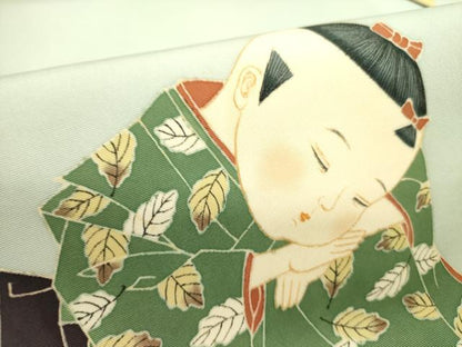 平和屋着物●塩瀬　九寸名古屋帯　童子　正絹　逸品　DABE1306op