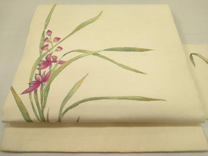 平和屋着物●九寸名古屋帯　手描き　紬地　草花　正絹　逸品　DABE1310op