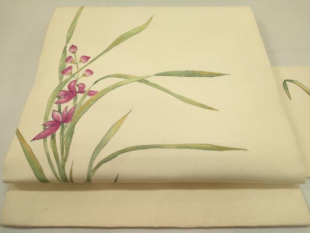 平和屋着物●九寸名古屋帯　手描き　紬地　草花　正絹　逸品　DABE1310op
