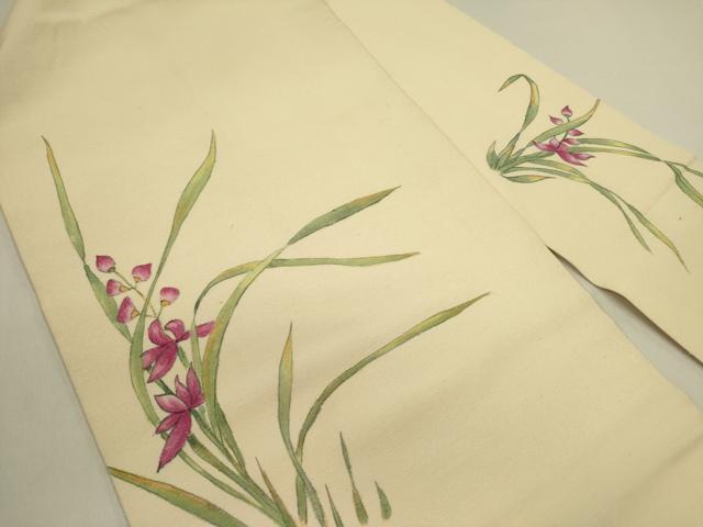 平和屋着物●九寸名古屋帯　手描き　紬地　草花　正絹　逸品　DABE1310op