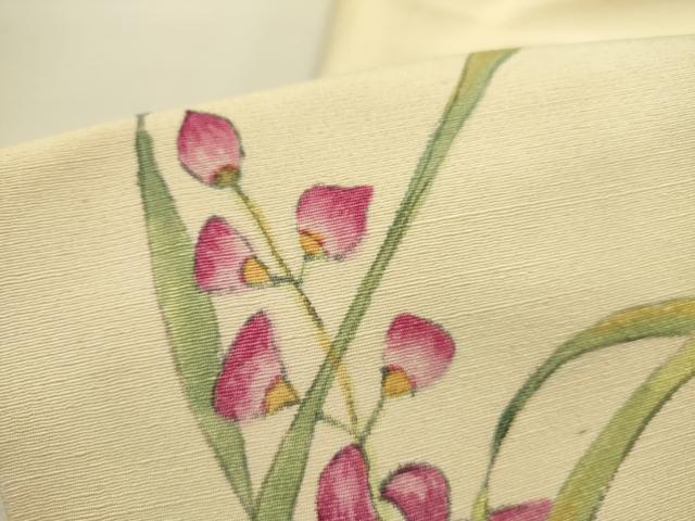 平和屋着物●九寸名古屋帯　手描き　紬地　草花　正絹　逸品　DABE1310op