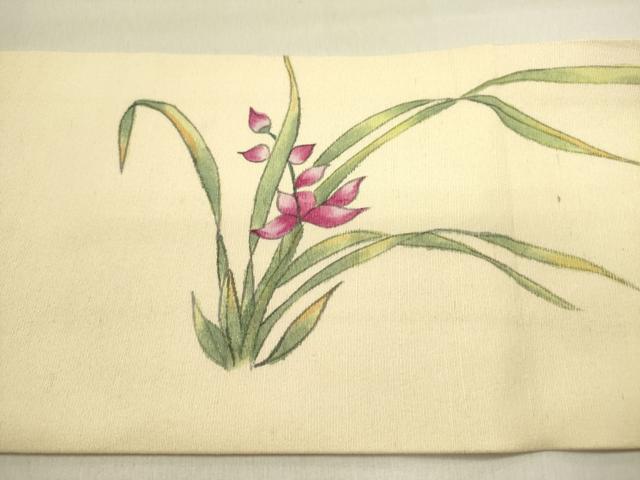 平和屋着物●九寸名古屋帯　手描き　紬地　草花　正絹　逸品　DABE1310op