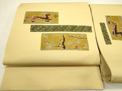 平和屋着物●つけ帯　駒刺繍　動物抽象文　金彩　正絹　逸品　DABE1315op