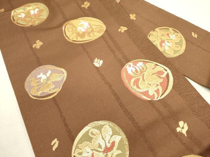 平和屋着物●九寸名古屋帯　草花丸文　金糸　正絹　逸品　DABE1323op