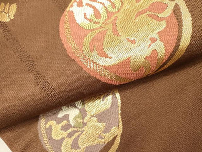 平和屋着物●九寸名古屋帯　草花丸文　金糸　正絹　逸品　DABE1323op