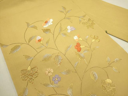 平和屋着物●塩瀬　九寸名古屋帯　駒刺繍　草花　金銀彩　正絹　逸品　DABE1325op
