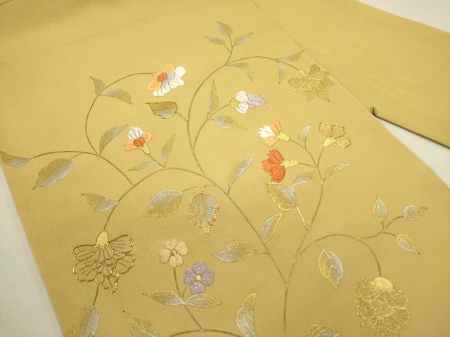 平和屋着物●塩瀬　九寸名古屋帯　駒刺繍　草花　金銀彩　正絹　逸品　DABE1325op