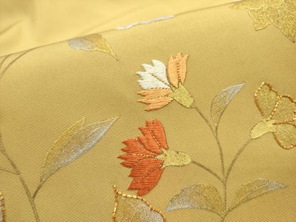 平和屋着物●塩瀬　九寸名古屋帯　駒刺繍　草花　金銀彩　正絹　逸品　DABE1325op