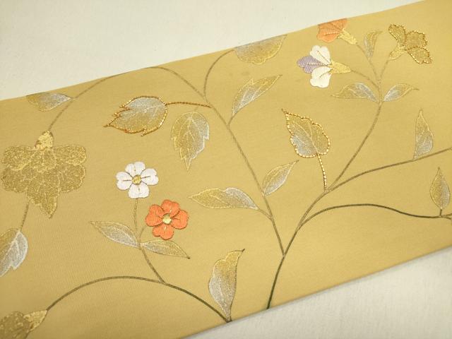 平和屋着物●塩瀬　九寸名古屋帯　駒刺繍　草花　金銀彩　正絹　逸品　DABE1325op