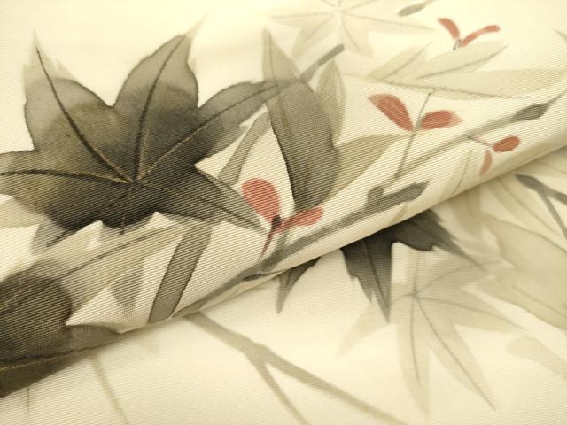 平和屋着物●塩瀬　九寸名古屋帯　手描き　枝楓文　金彩　三越扱い　逸品　DABE1326op