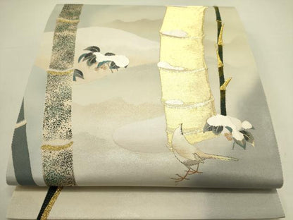 平和屋着物●六通柄袋帯　響　雪持花鳥文　竹　金糸　正絹　逸品　DABE1341op