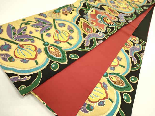 平和屋着物●ファッションデザイナー　MICHIKO LONDON　コシノミチコ　六通柄袋帯　更紗花文　黒地　金糸　正絹　逸品　DABE1347op