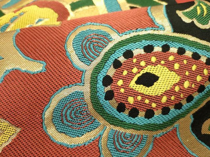 平和屋着物●ファッションデザイナー　MICHIKO LONDON　コシノミチコ　六通柄袋帯　更紗花文　黒地　金糸　正絹　逸品　DABE1347op