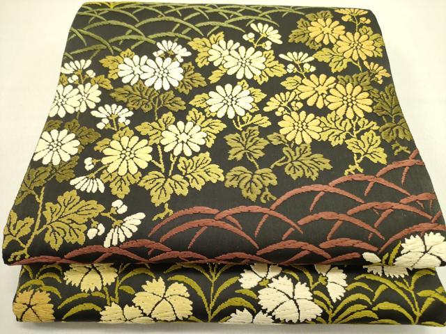 平和屋着物●西陣　六通柄袋帯　唐織　草花芝文　黒地　証紙付き　正絹　逸品　未使用　DABE1359op
