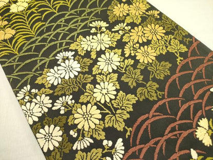 平和屋着物●西陣　六通柄袋帯　唐織　草花芝文　黒地　証紙付き　正絹　逸品　未使用　DABE1359op
