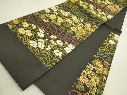 平和屋着物●西陣　六通柄袋帯　唐織　草花芝文　黒地　証紙付き　正絹　逸品　未使用　DABE1359op