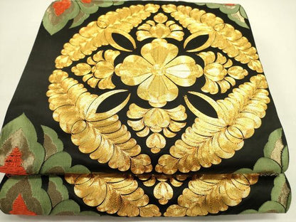 平和屋着物●六通柄袋帯　唐織　駒刺繍　宝相華　黒地　金糸　正絹　逸品　DABE1367op