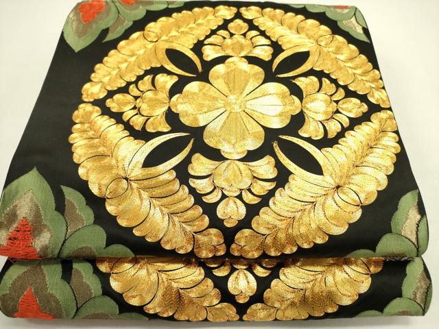 平和屋着物●六通柄袋帯　唐織　駒刺繍　宝相華　黒地　金糸　正絹　逸品　DABE1367op