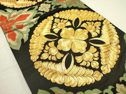 平和屋着物●六通柄袋帯　唐織　駒刺繍　宝相華　黒地　金糸　正絹　逸品　DABE1367op
