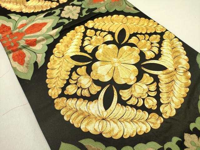 平和屋着物●六通柄袋帯　唐織　駒刺繍　宝相華　黒地　金糸　正絹　逸品　DABE1367op