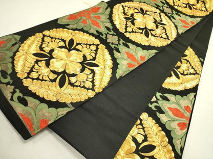 平和屋着物●六通柄袋帯　唐織　駒刺繍　宝相華　黒地　金糸　正絹　逸品　DABE1367op