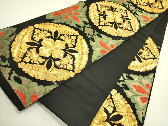 平和屋着物●六通柄袋帯　唐織　駒刺繍　宝相華　黒地　金糸　正絹　逸品　DABE1367op