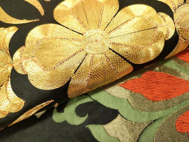 平和屋着物●六通柄袋帯　唐織　駒刺繍　宝相華　黒地　金糸　正絹　逸品　DABE1367op