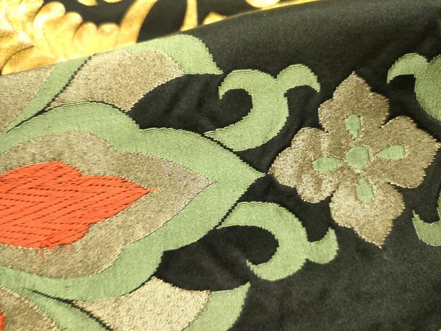 平和屋着物●六通柄袋帯　唐織　駒刺繍　宝相華　黒地　金糸　正絹　逸品　DABE1367op