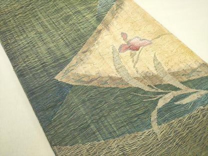 平和屋着物▽太鼓柄袋帯　スリーシーズン　春夏秋　すくい織　草花　正絹　逸品　未使用　DABE1380op