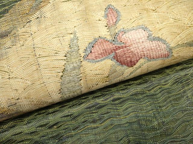 平和屋着物▽太鼓柄袋帯　スリーシーズン　春夏秋　すくい織　草花　正絹　逸品　未使用　DABE1380op