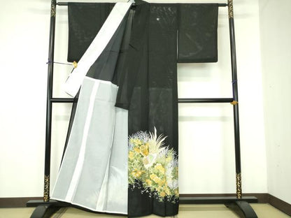 平和屋着物＊夏物 黒留袖 絽 刺繍 尾長鳥花文 金彩 洗える着物 DABE1384op