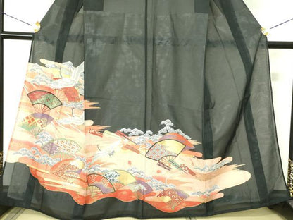 平和屋着物＊夏物　黒留袖　絽　飛鶴扇面花文　金彩　洗える着物　DABE1387op