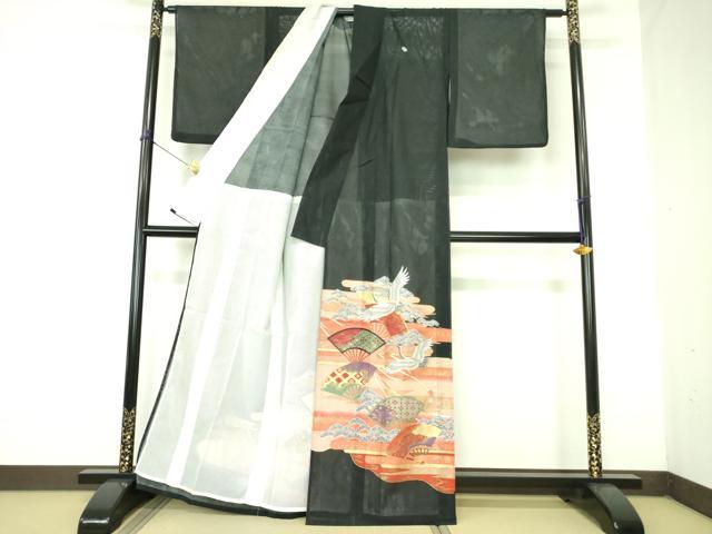 平和屋着物＊夏物　黒留袖　絽　飛鶴扇面花文　金彩　洗える着物　DABE1387op