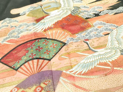 平和屋着物＊夏物　黒留袖　絽　飛鶴扇面花文　金彩　洗える着物　DABE1387op