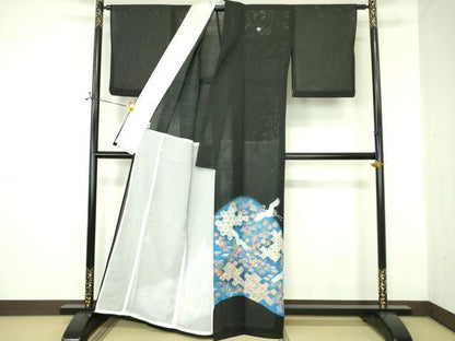 平和屋着物＊夏物 黒留袖 絽 飛鶴吉祥花文 暈し染め 洗える着物 DABE1388op