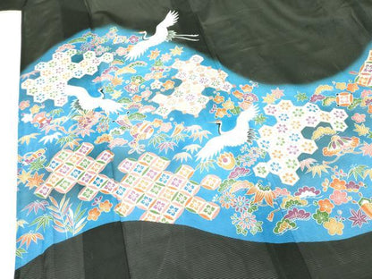 平和屋着物＊夏物 黒留袖 絽 飛鶴吉祥花文 暈し染め 洗える着物 DABE1388op