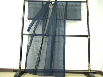 平和屋着物＊夏物　小紋　総レース　花丸文　濃藍色　未使用　DABE1389op