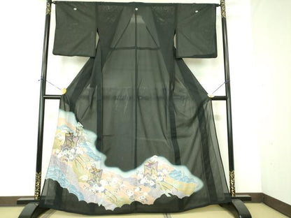 平和屋着物＊夏物 黒留袖 絽 御所車花文 暈し染め 金彩 洗える着物 DABE1390op