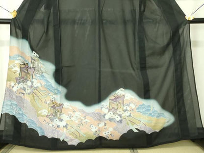 平和屋着物＊夏物 黒留袖 絽 御所車花文 暈し染め 金彩 洗える着物 DABE1390op