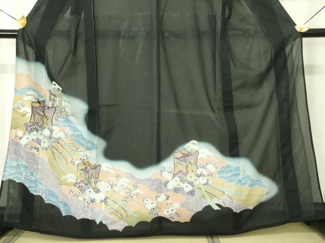 平和屋着物＊夏物 黒留袖 絽 御所車花文 暈し染め 金彩 洗える着物 DABE1390op
