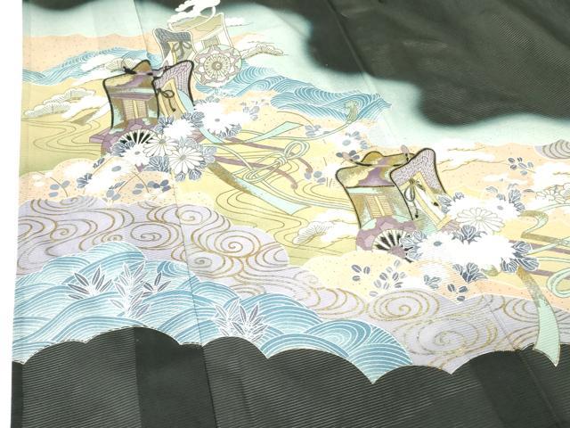 平和屋着物＊夏物 黒留袖 絽 御所車花文 暈し染め 金彩 洗える着物 DABE1390op