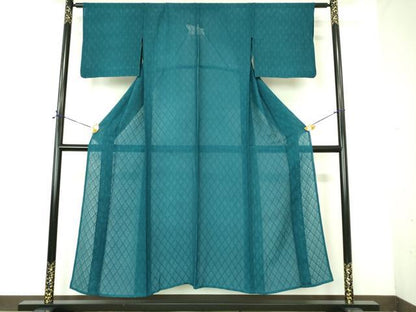 平和屋着物＊夏物　色無地　縦絽　幾何学紋紗　青碧色　正絹　逸品　DABE1399op