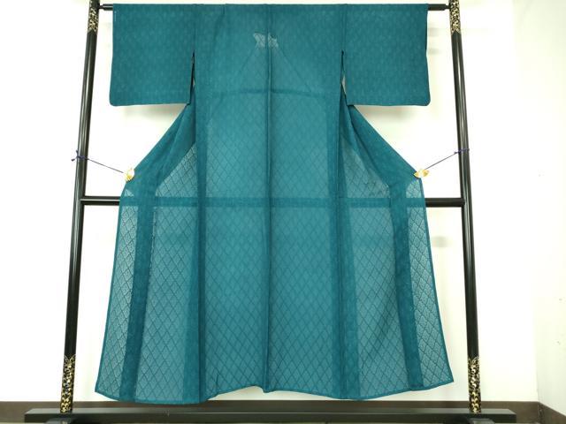 平和屋着物＊夏物　色無地　縦絽　幾何学紋紗　青碧色　正絹　逸品　DABE1399op