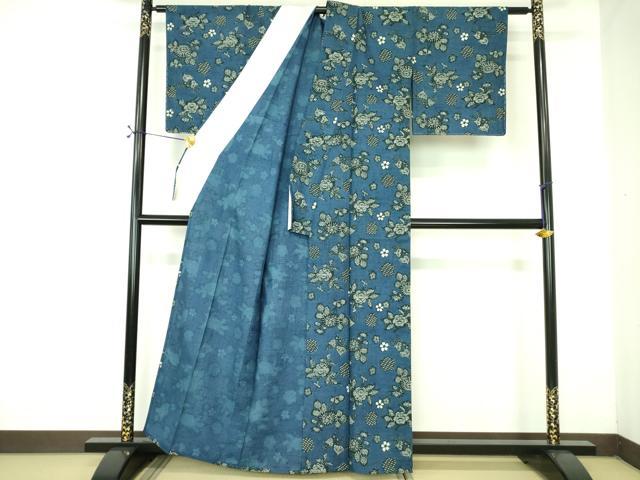 平和屋着物▽上質な小紋　単衣　紬地　藍　型染　草花　正絹　逸品　未使用　DABE1401op